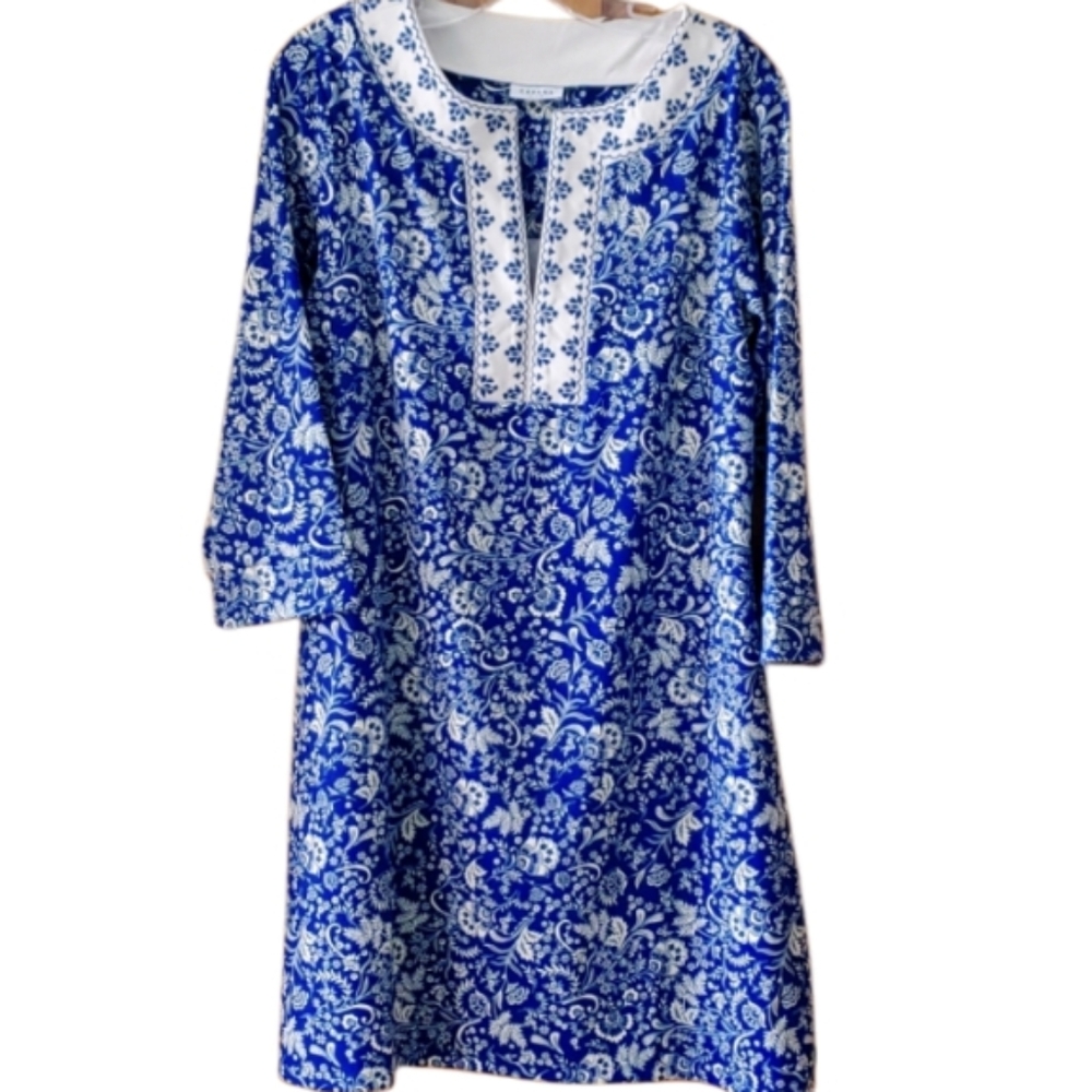 Cabana Life Womans Blue Floral Print Embroidered Tunic Dress Size Large